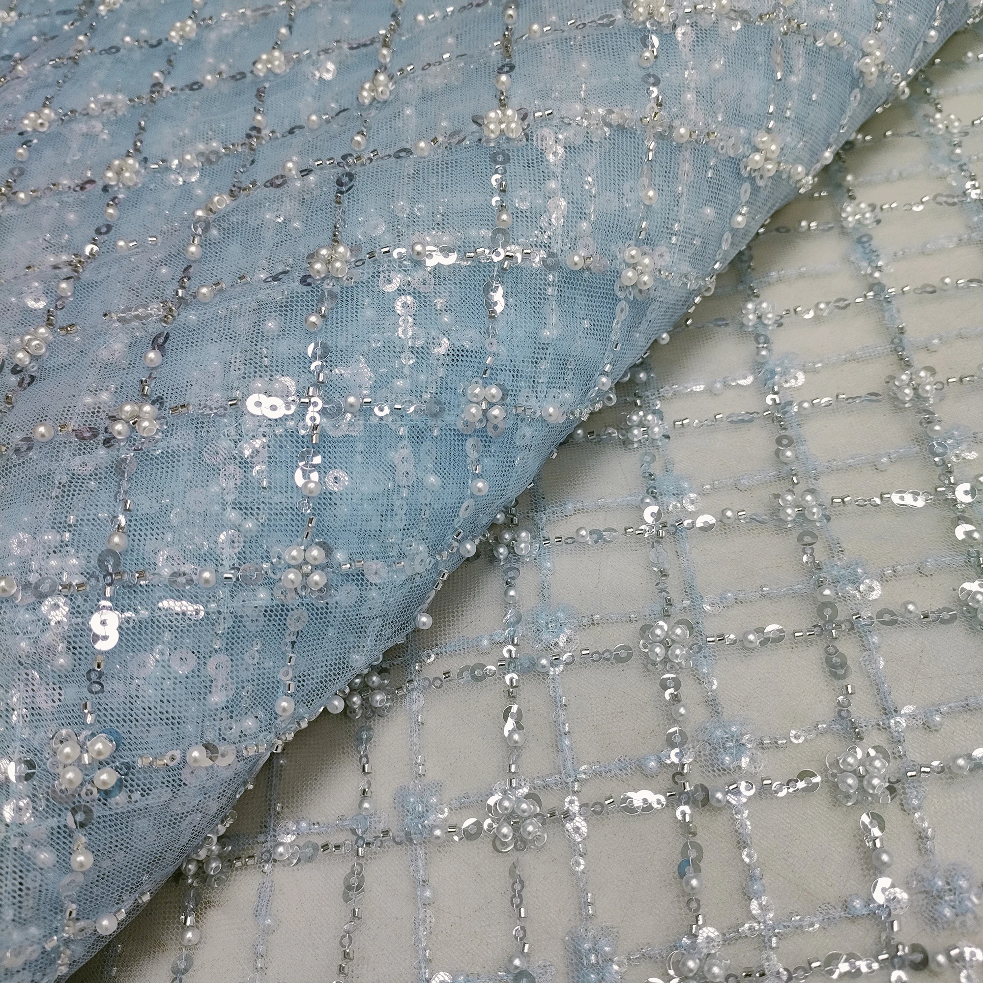 Sewing Tulle African Beaded Lace Fabric Sequin Shaped Design For Women Wedding Dress Lace Fabric For Dress