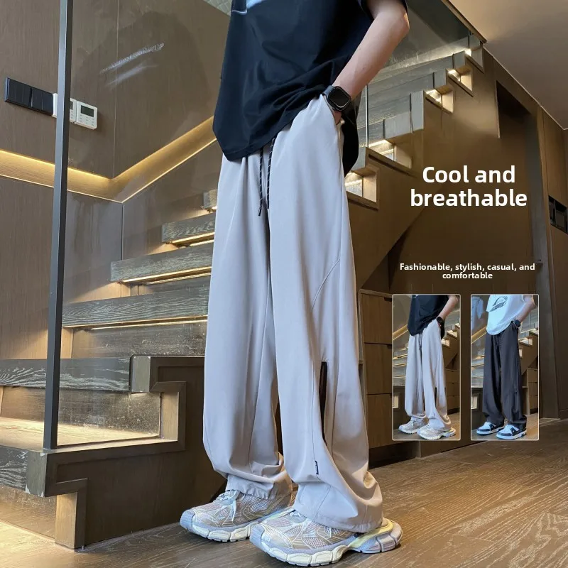 

Мужские летние тонкие свободные повседневные брюки из ледяного шелка в американском стиле, широкие брюки длиной до пола, дышащие, удобные, модный бренд