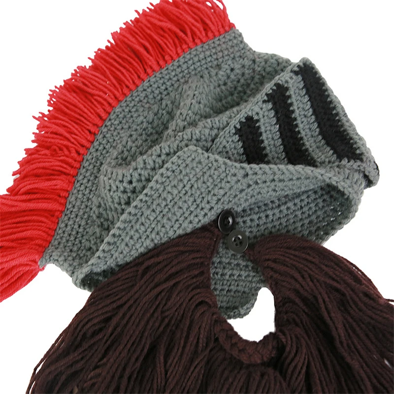 Red Tassel Cosplay Roman Knight Knit Helmet Men Cap Original Barbarian Handmade Winter Warm Beard Hats Funny Beanies Party Gifts