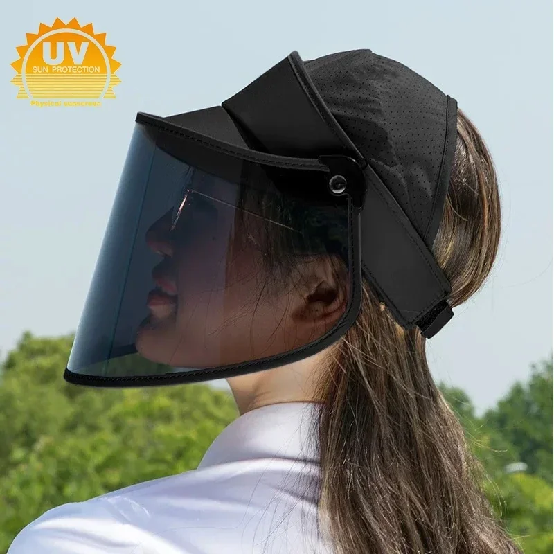 Plastic Pvc Outdoor Sport Adjustable Sun Lenses Hat Beach Unisex Black Color Full Face UV Protection for Versatile Adults Cap