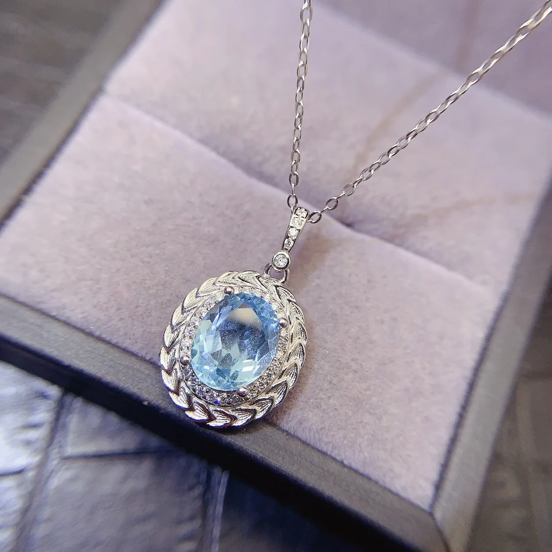 

SHILOVEM 925 sterling silver Natural Blue Topaz pendant 8*10mm classic fine Jewelry women gift send necklace lz0810687agb