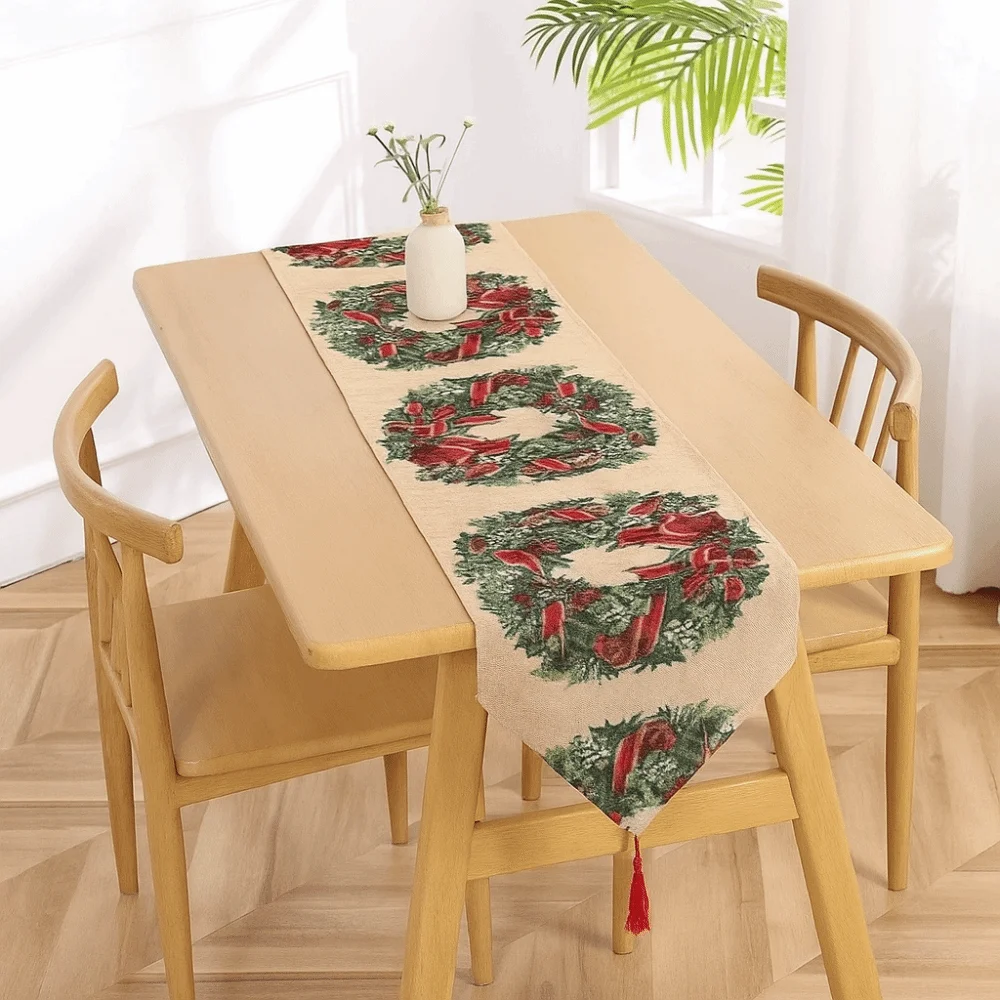 

Household Tassel Christmas Table Runner Snowman Printed Rectangle Santa Claus Tablecloth Knitted Cloth Long Table Cover Hotels