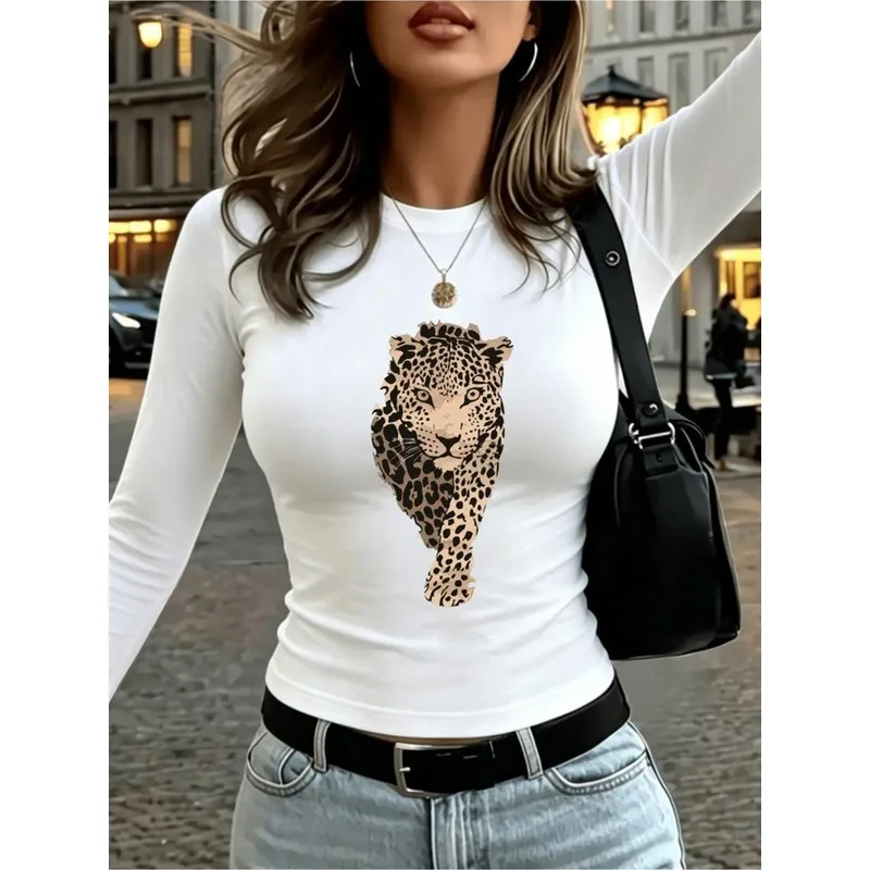 Y2K Leopard Portrait Graphic Long Sleeve Tee Women Slim Fit Cropped Top