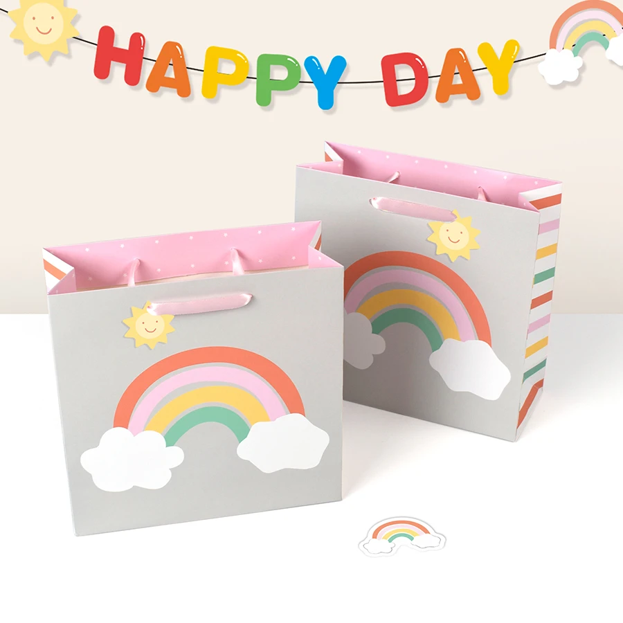 Cute cartoon clouds rainbow thickened white card gift tote bag spot, color printed square paper tote bag