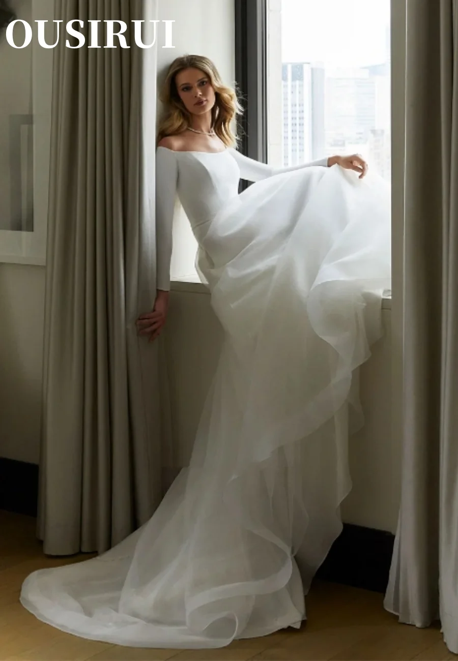 ชุดแต่งงาน OUSIRUI แบบยาว แขนกุด ทรงเอไลน์ คอเรือ โรแมนติก ตัดเย็บตามสั่ง