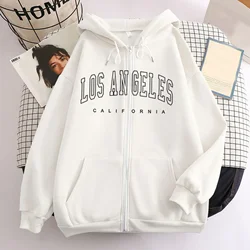 Women's Los Angeles Letter Print Zip-up Hoodies, Oversized Jacket, Casual Streetwear, Hooded Coats with Pockets, Harajuku, Femal