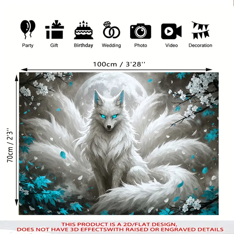 Fantasy Fox Tapestry, Mystic White Nine Tailed Fox Bright Blue Eyes Moon Sakura Leaves Art Wall Tapestry, Landscape Decor for