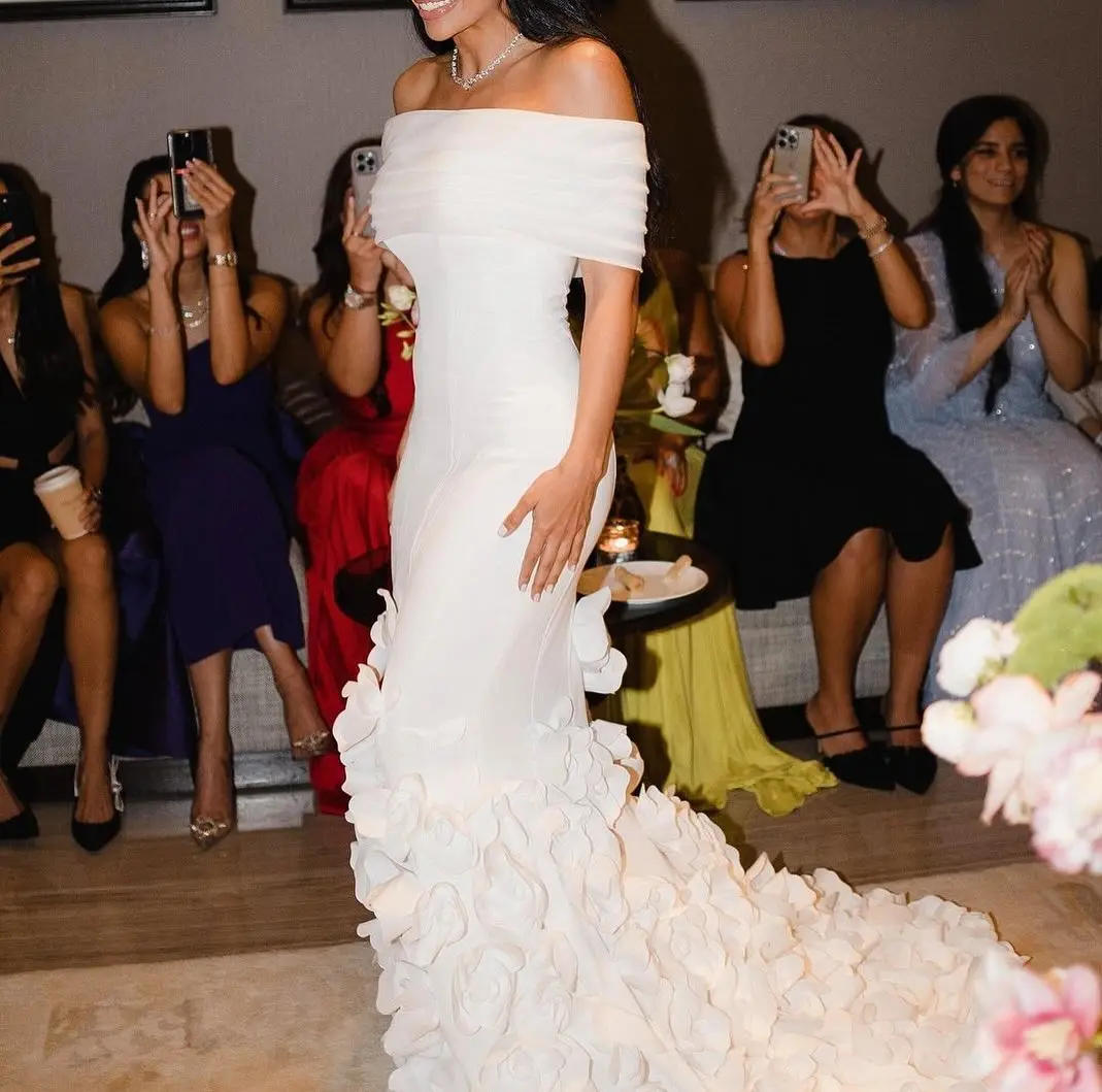 

Sharon Said Dubai Elegant White Off Shoulder Evening Dress with 3D Flowers Mermaid for Woman Wedding Prom Gown SF206 Customized