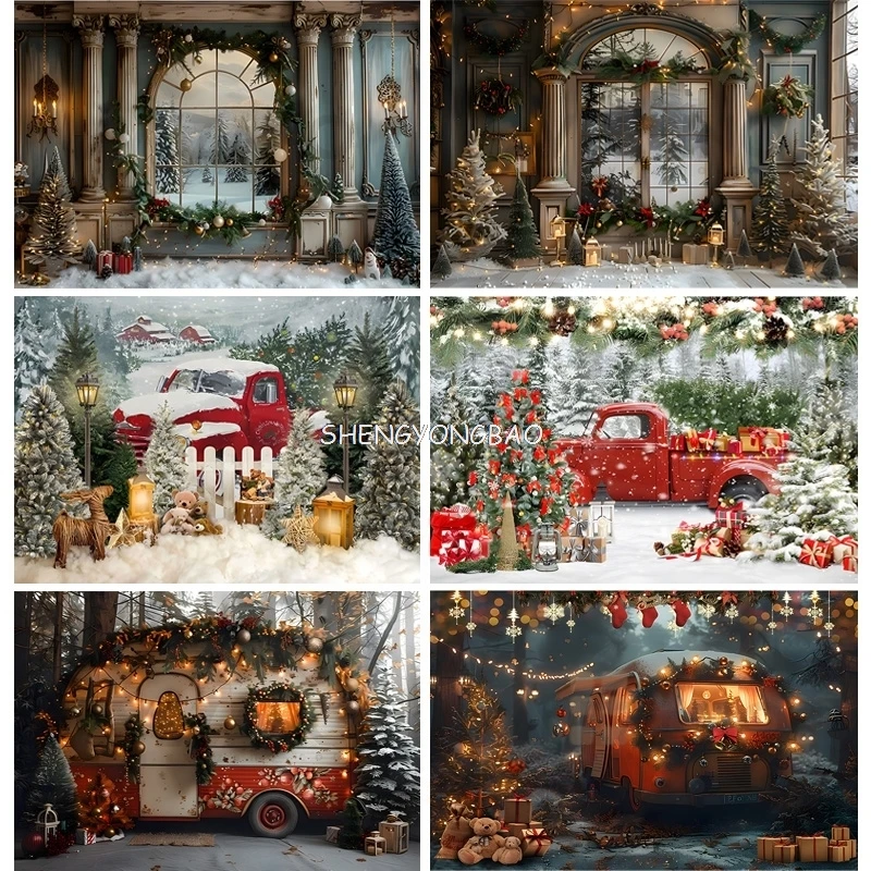 

Christmas Tree With Gift Boxes Photography Backdrops Winter Snow Decorations Wooden Door Fireplace Room Background Props ST-04