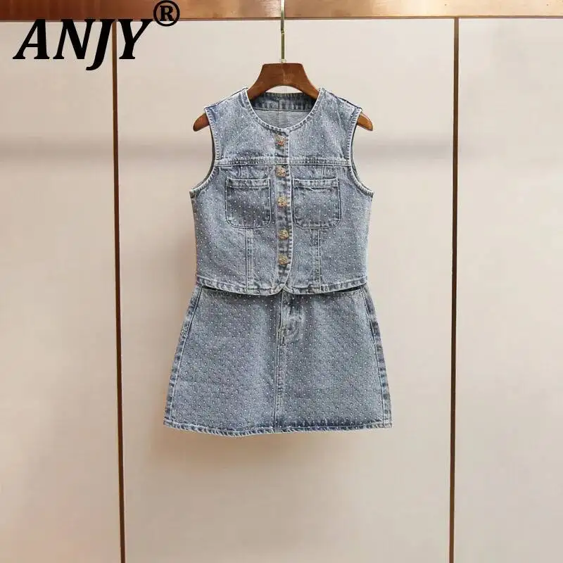 ANJY Spring Summer New Women Niche Elegant Distressed Casual Denim Set Stylish Diamonds Sleeveless Waistcoat A-Line Skirt A25003