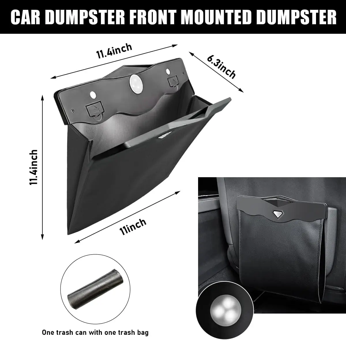 حقيبة قمامة معلقة للسيارة، سلة قمامة مغناطيسية قابلة للطي مع مصابيح LED، جيب تخزين جلدي مقاوم للماء - أسود