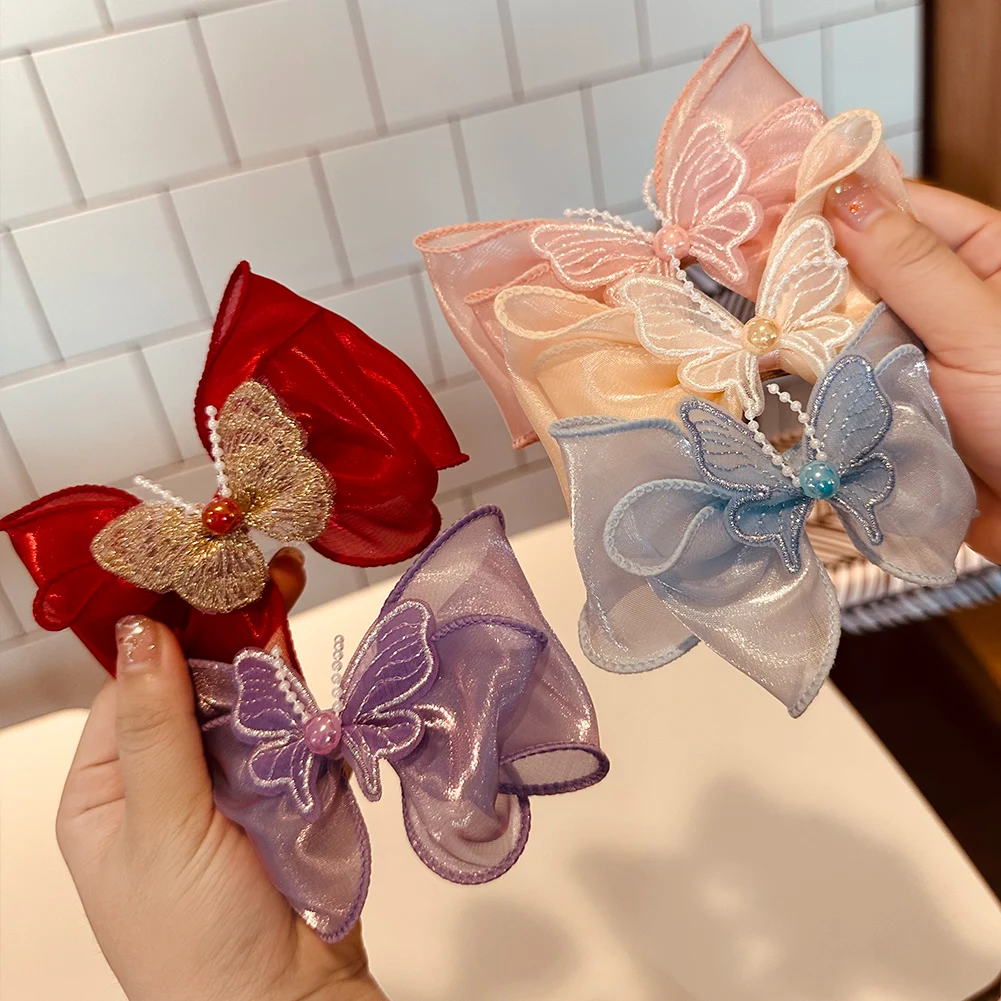 

Butterfly Lace Silk Hair Bows Clips for Baby Girls Handmade Pearl Hairpins Hairgrips Elegant Princess Girls Hair Accessories