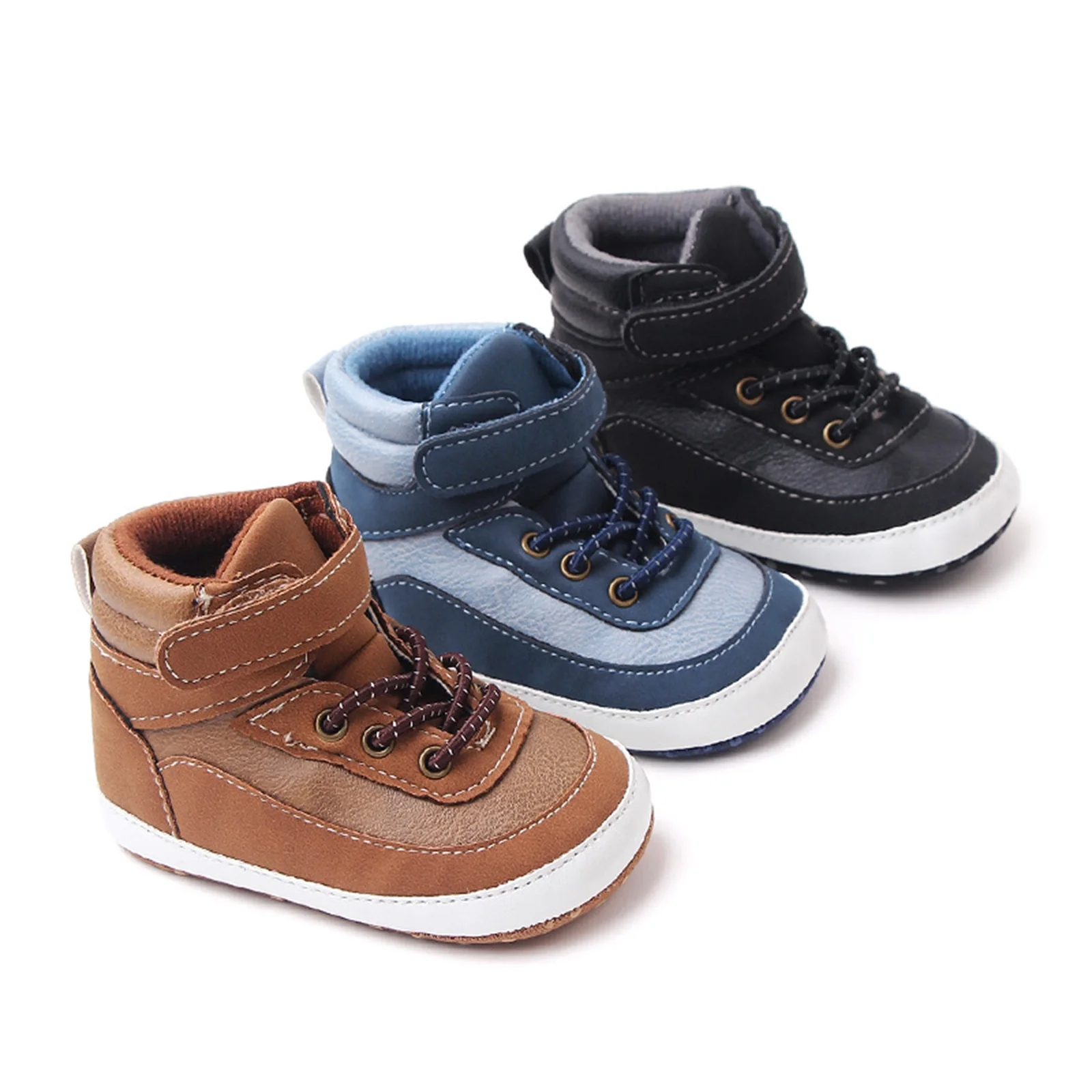 

Baby High-Top Ankle Sneakers Contrast Color Leather Anti-Slip Soft Sole Sport Shoes Newborn First Walkers Shoes