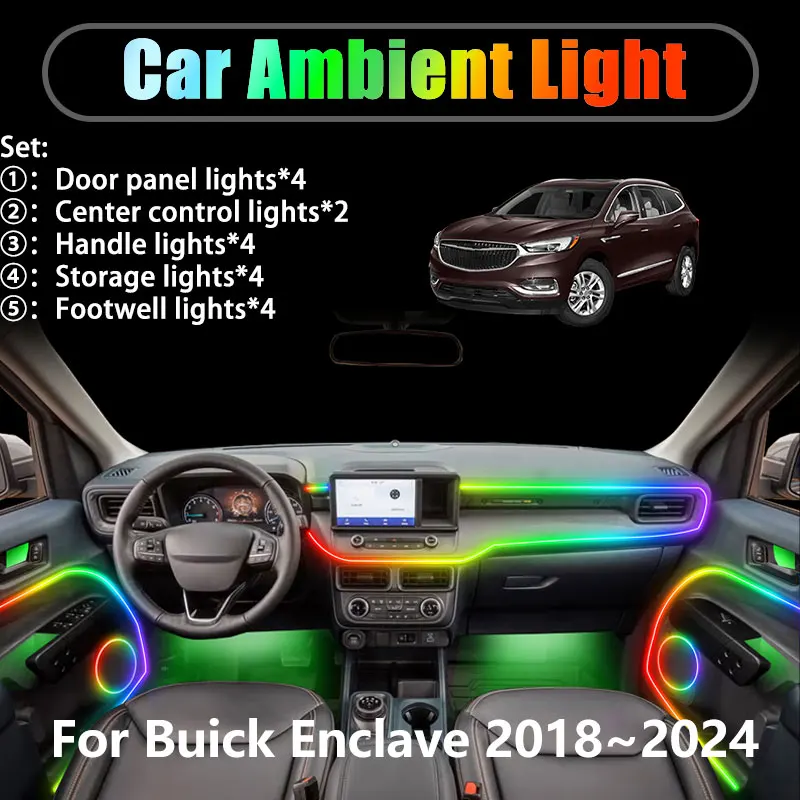 

Для Buick Enclave 2018 ~ 2024 MK2 2019 2020 2/18 в 1 Автомобильное окружающее освещение Светодиодные внутренние светодиодные фонари багажника USB RGB Ensemble Streamer