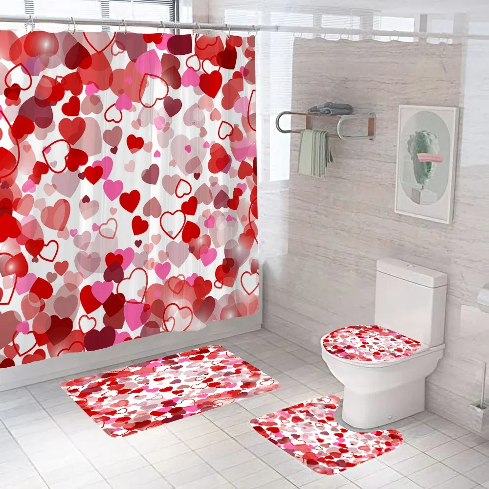 

Valentine's Day Red Heart Shower Curtain Set Waterproof bath Decoration Romantic Red heart Shower Curtain Set