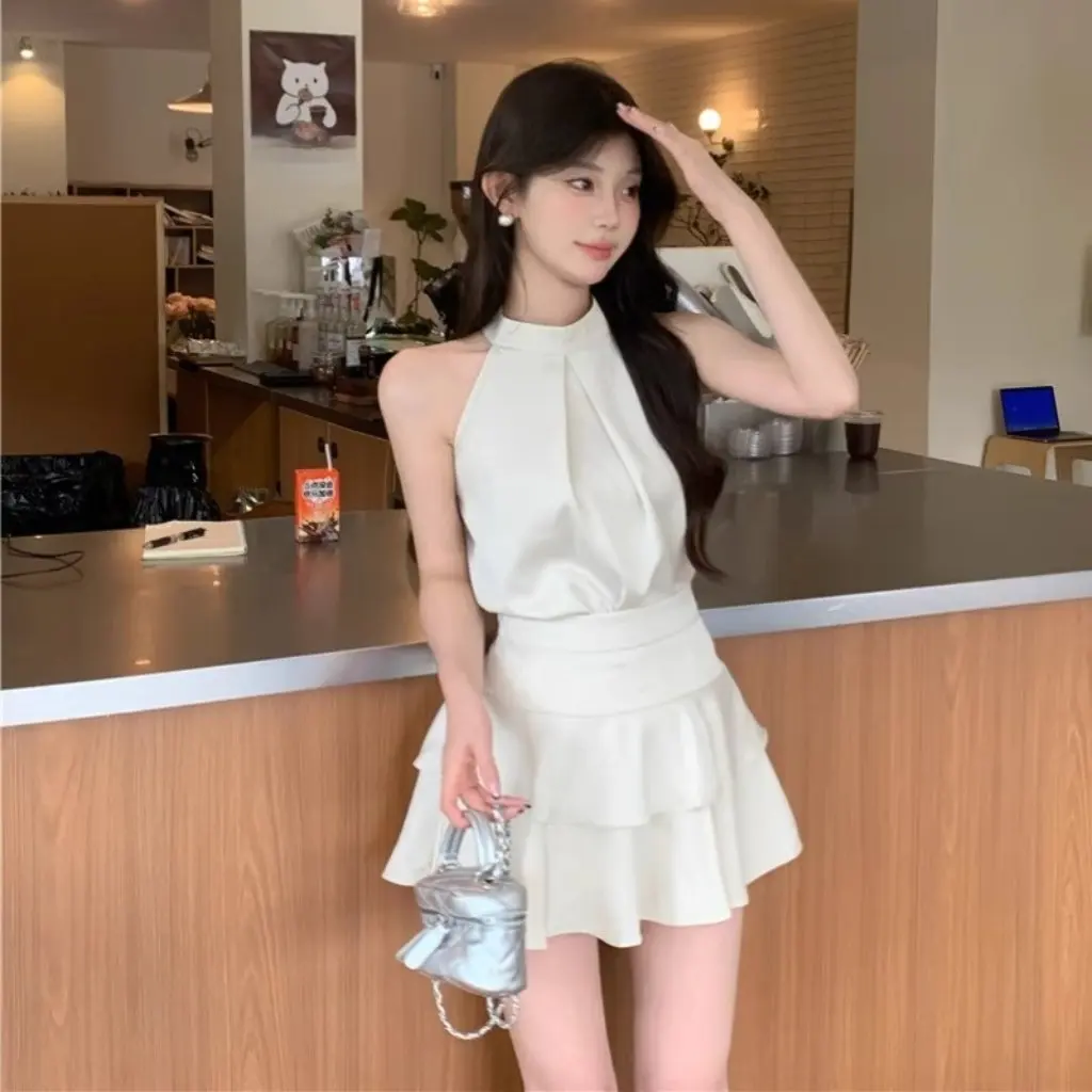 

Абрикосовый атласный женский комплект из двух предметов, элегантный жилет с воротником, топ и юбка трапециевидной формы с высокой талией, летний костюм для женщин