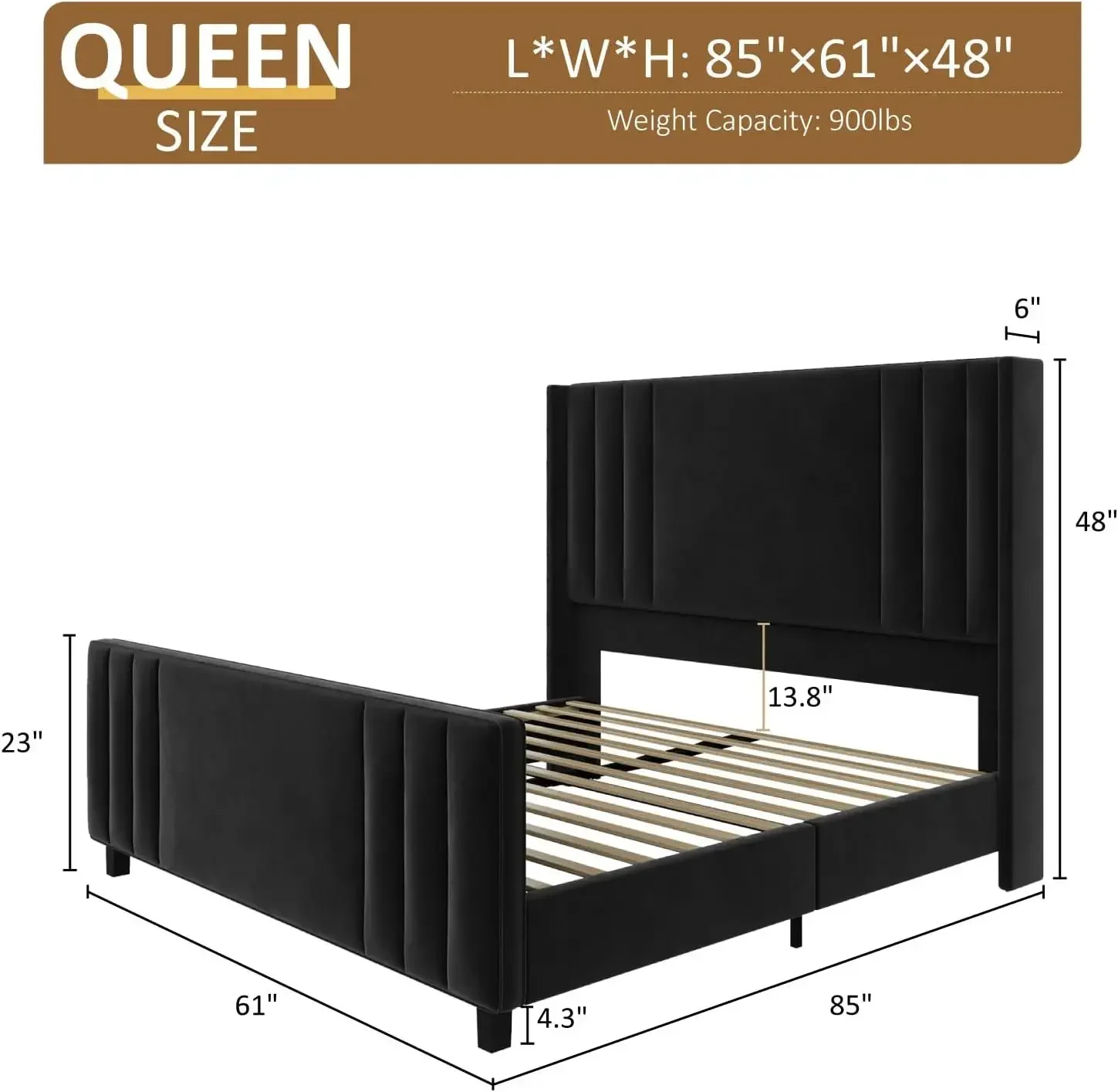 Queen Size Platform Bed Frame, Upholstered Bed with Vertical Channel Tufted Wingback Headboard & Footboard, Premium Velvet