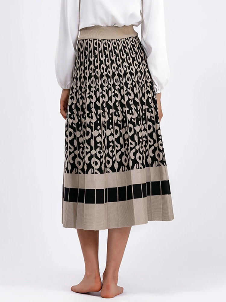 Outono e inverno nova saia midi de malha contrastante com estampa de leopardo retrô para mulheres, estilo médio a longo