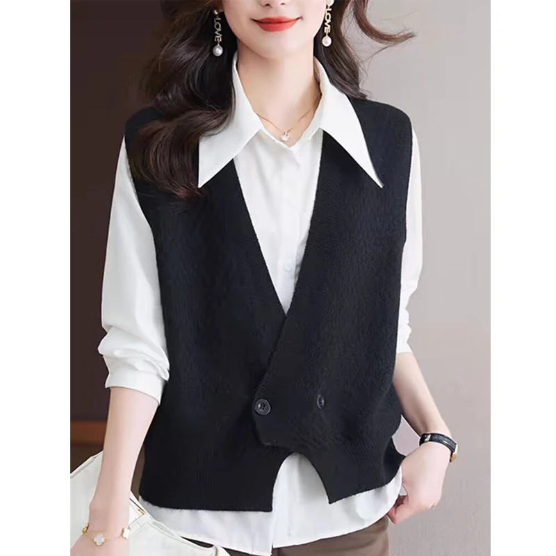 Women Korean Fashion Button Sleeveless Knitted Cardigan Simple Casual V Neck Irregular Sweater Vest Female Solid Loose Waistcoat