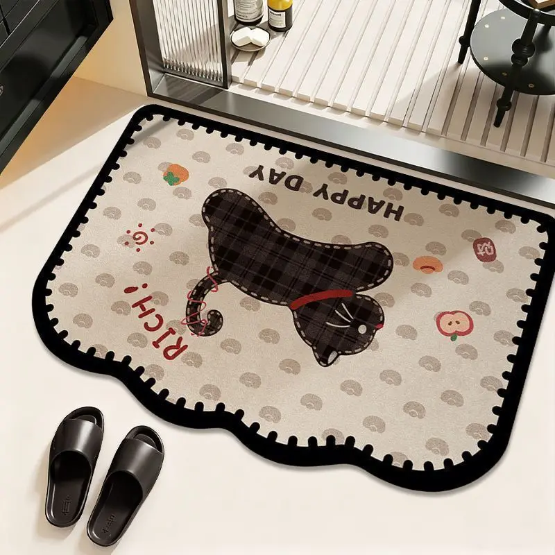 Checkered Cat Wavy-Edge Bathroom Mat, Absorbent and Non-Slip Diatomaceous Earth Doormat, Entryway Home Rug, Home Decor