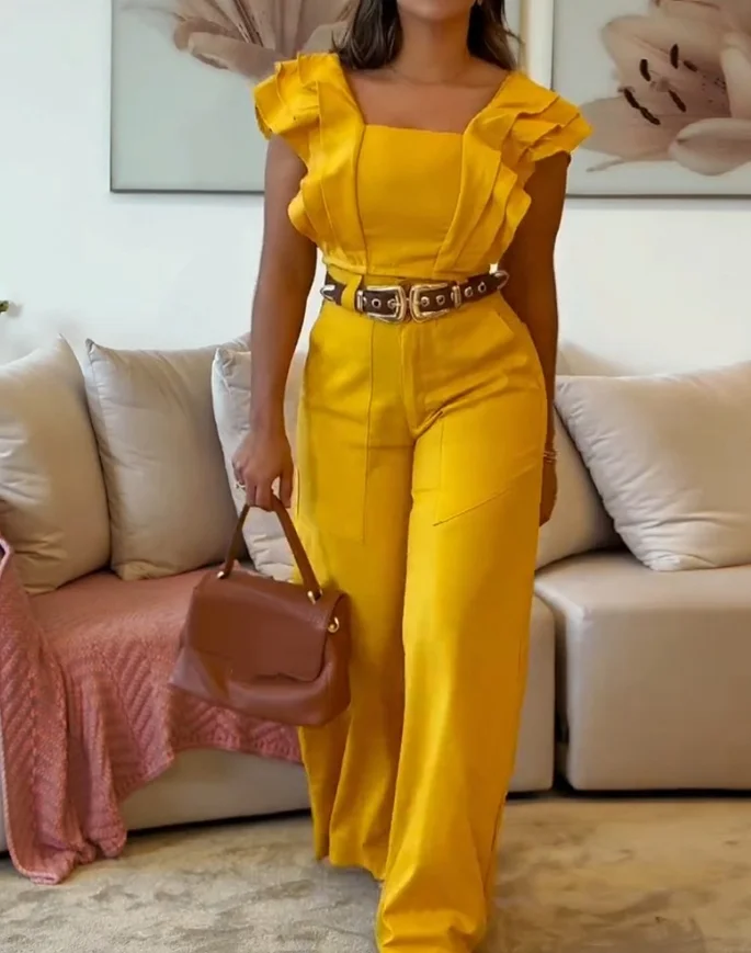 Elegant 2-piece sets for women 2 Piece Sqaure Neck Top + High Waist Wide Leg Elegant Pants Set for women