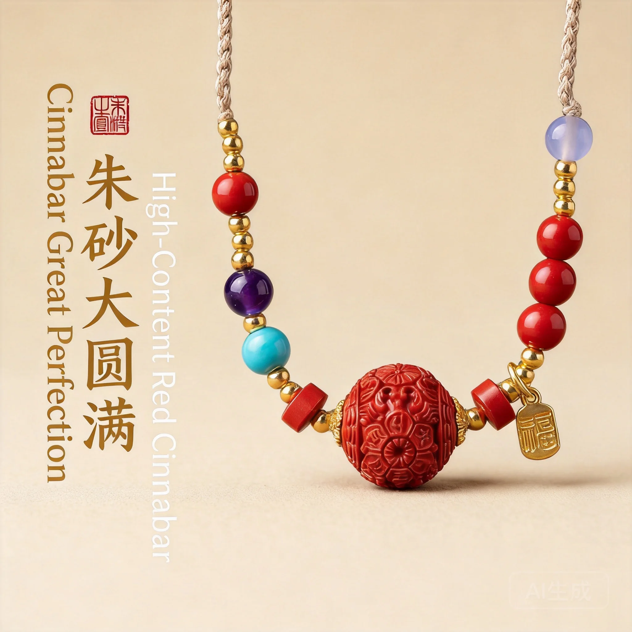 Traditional Chinese Style 99 High Purity Red Cinnabar Six True Words Lucky Blessing Wealth Attracting Clavicle Necklace Fortune