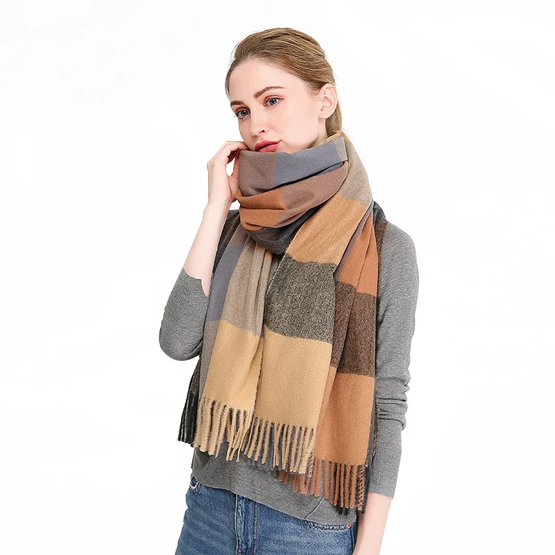 Scarf With Fringes Autumn Winter New Super Long Women's Couple lattice Imitation Cashmere All-match Double-sided Warm Soft Shawl