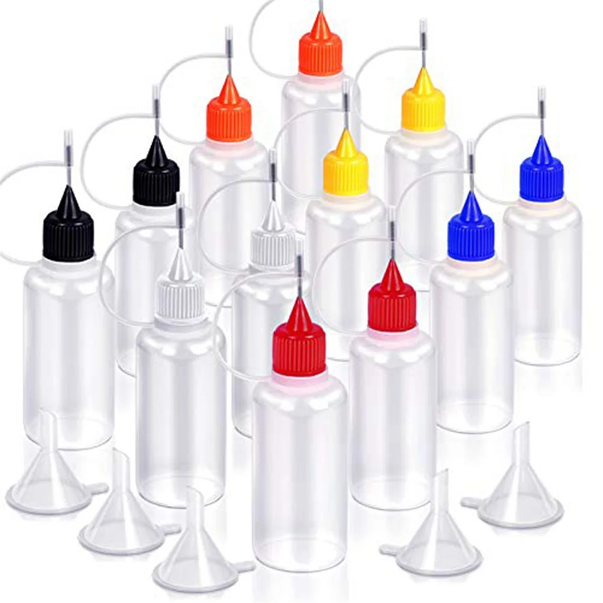 12PCS Precision Tip Applicator Bottles, 6 Colors 30ml Needle Tip Squeeze Glue Bottles with 5 Mini Funnels