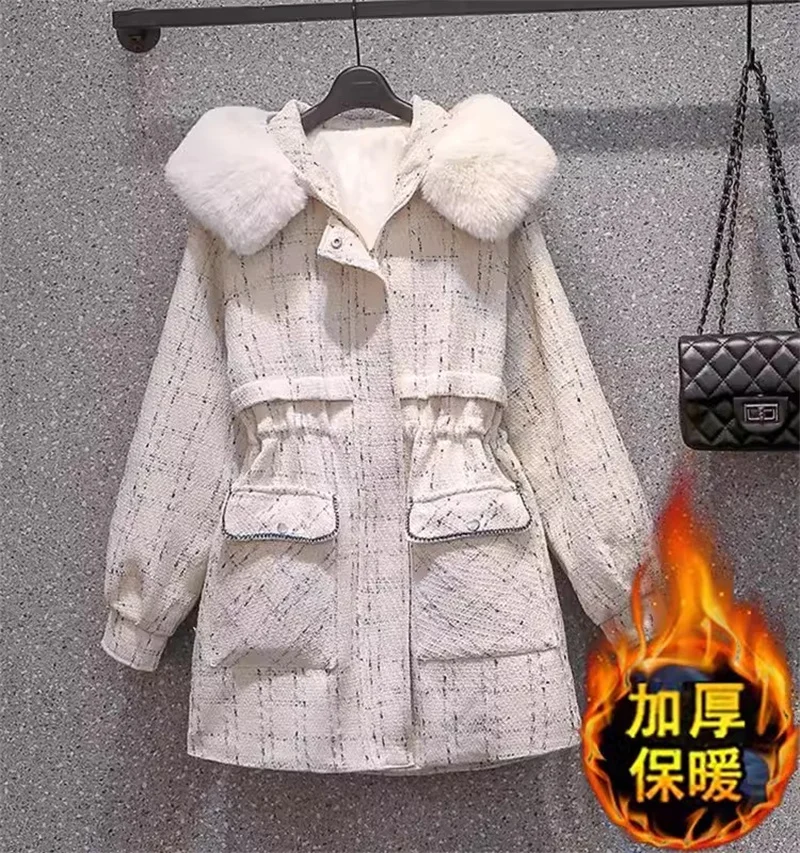 Mid Length Parker Cotton Jacket for Women Small Fragrant Style Cotton Coat 2024 Winter New Chubby mm Waist Slimming Jacket Trend