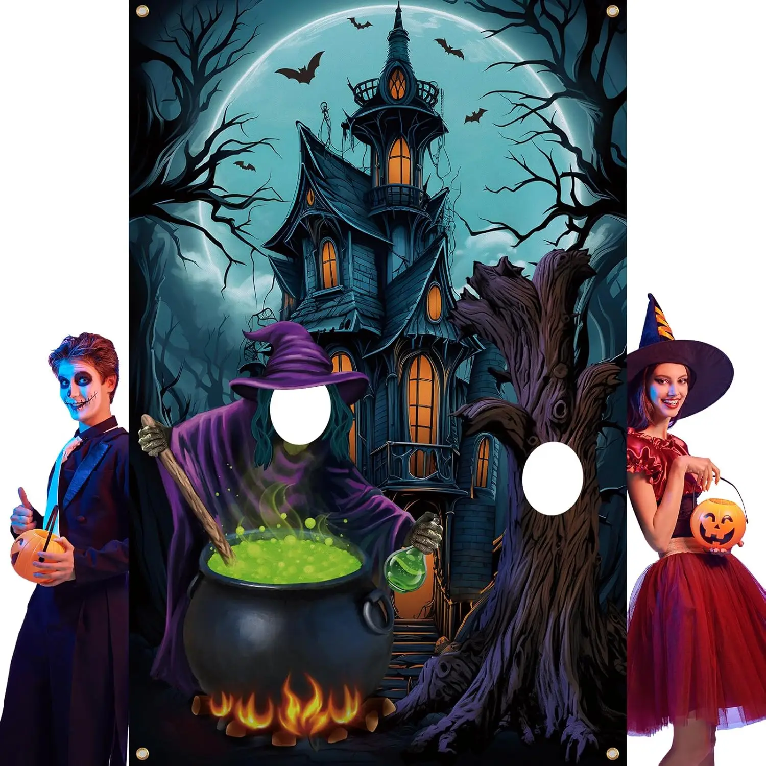 Halloween Fotografie Hintergrund Horror Nacht Hintergrund Große Foto Tür Banner Gruselige Hexe Kulissen für Halloween Party Foto
