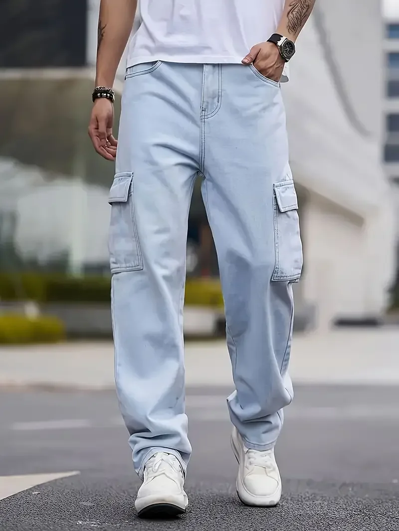 

Men's Fashion Street Style Cropped Jeans, Cotton Blend, Non-Stretch, Solid Color, Loose Fit, Washed Denim, with Woven Fabric for