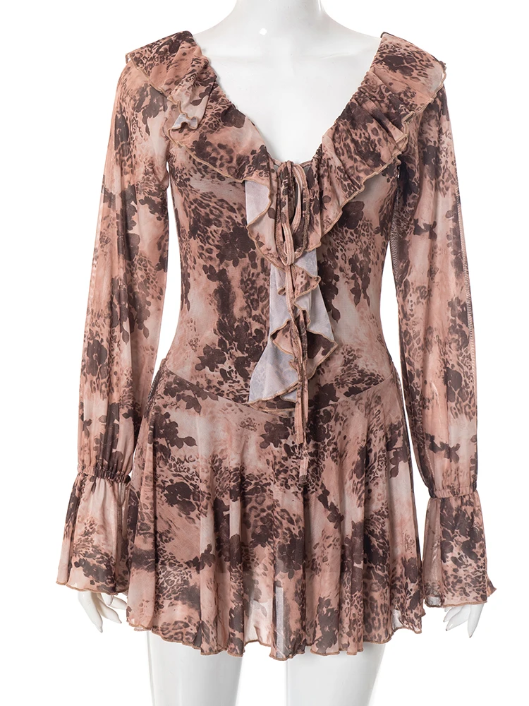 Robe imprimée léopard à volants pour femmes, transparente, Sexy, décolleté en v profond, manches évasées, costume de Club de fête de rue de minuit