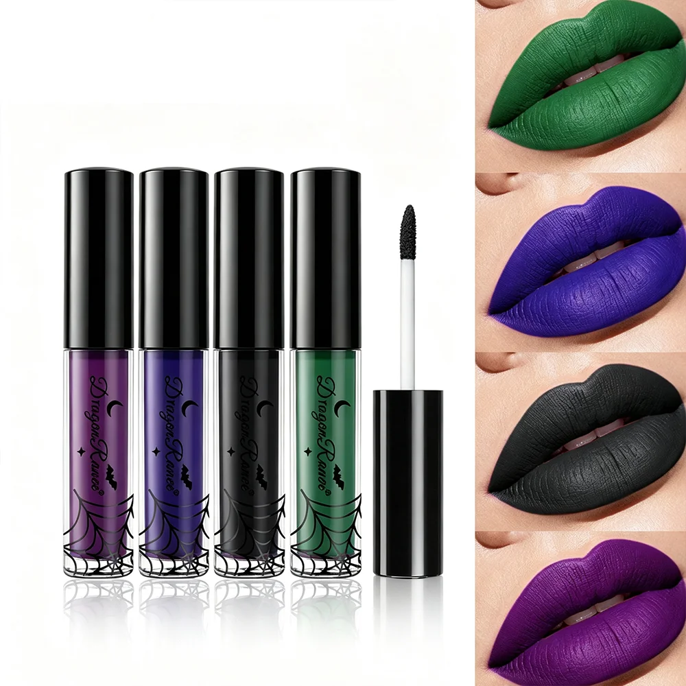 4 Colors Matte Liquid Lipstick Set Dusty Blue Black Green Purple Long Lasting Waterproof Non-transfer Gothic Halloween Lip Gloss