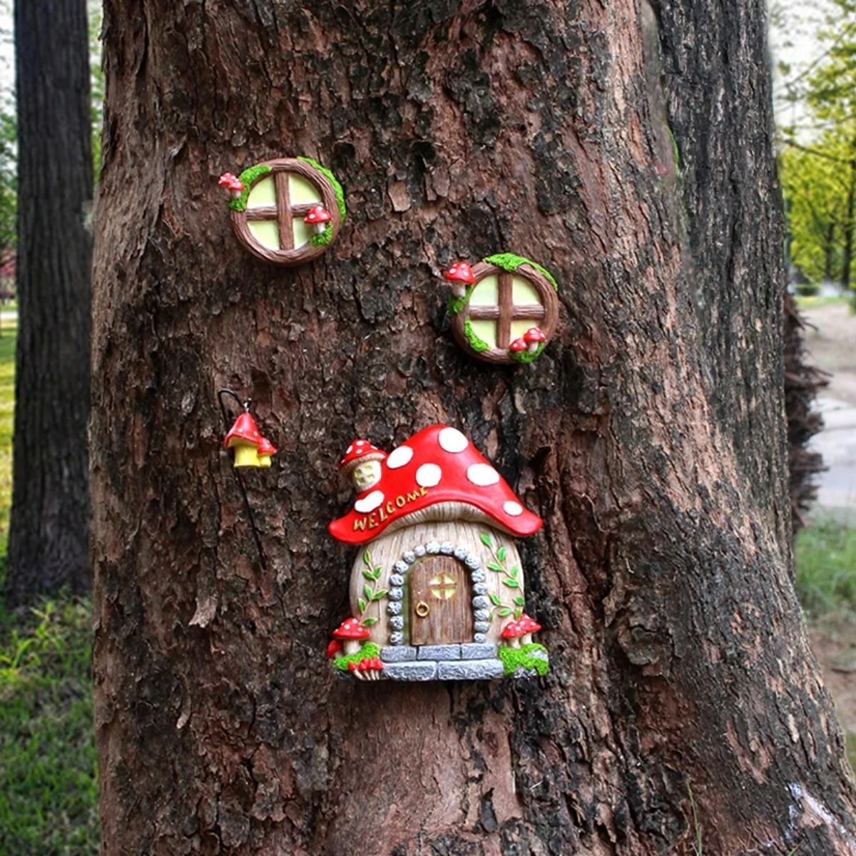 

4pcs Mushroom Door and Window Elf Cottage Outdoor Forest Trunk Tree Ornaments Courtyard Garden Creative Pendants
