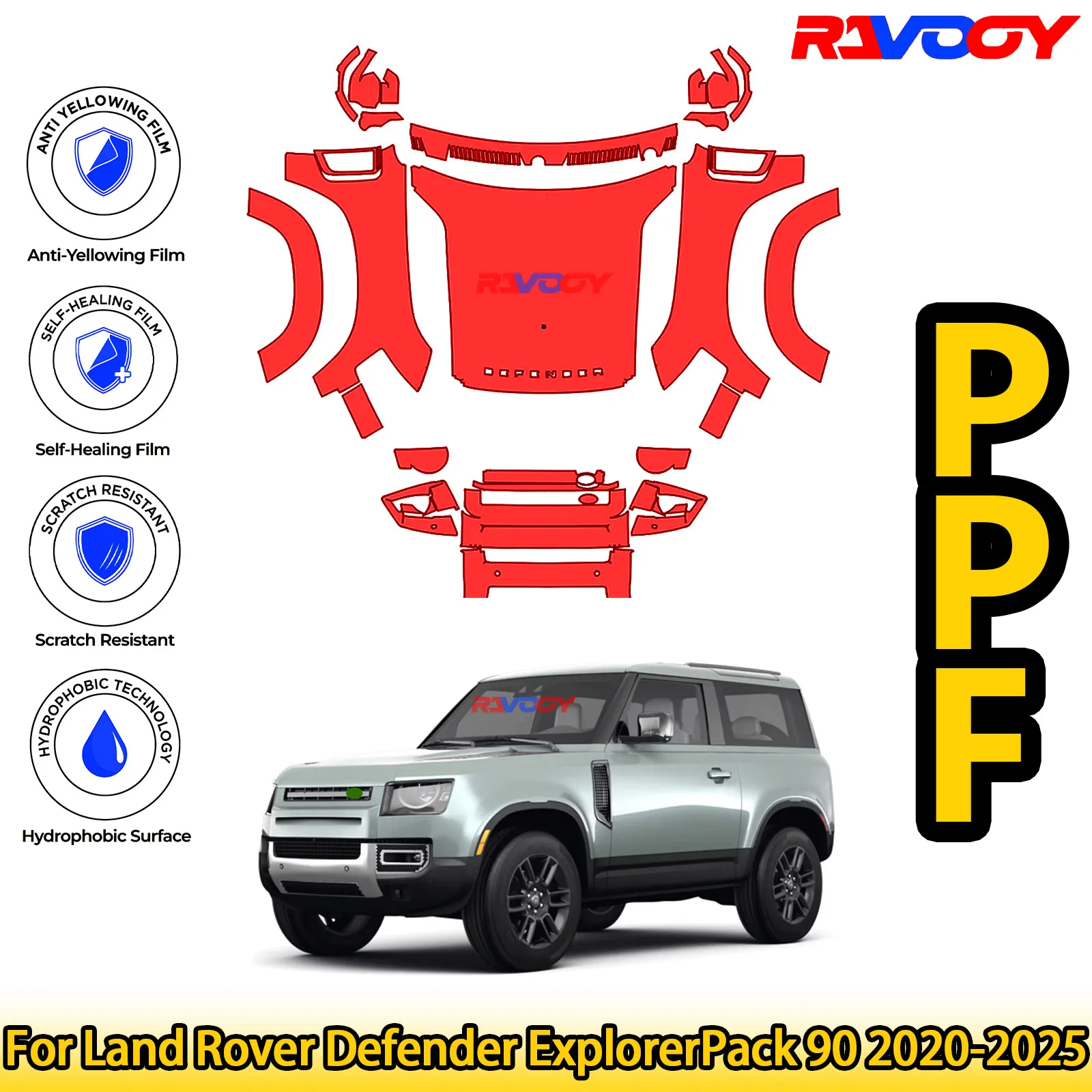 

Для Land Rover Defender ExplorerPack 90 2020-2025, глянцевая матовая черная предварительно вырезанная передняя защитная пленка PPF, комплект