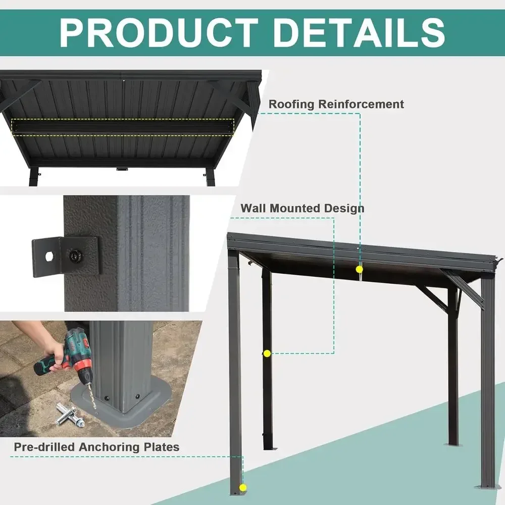 8'x10' Hardtop Gazebo Pergola with Galvanized Steel Roof and Drainage System, Outdoor Metal Patio Shelter view 5
