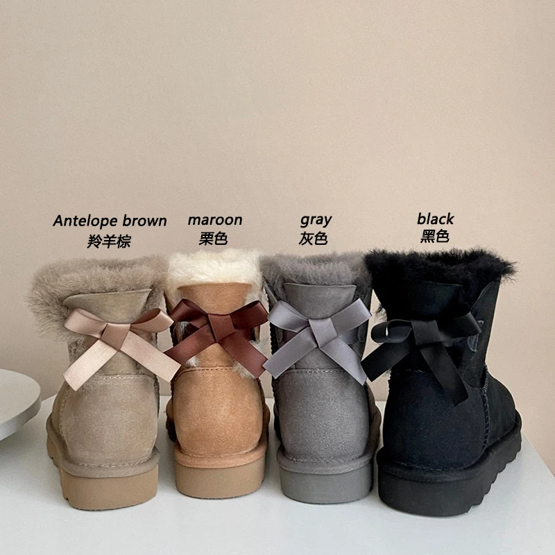 Aobreugg 2023 new snow boots women\'s winter plus fleece thickened natural fur wool fur integrated women\'s cotton shoes ribbon bo