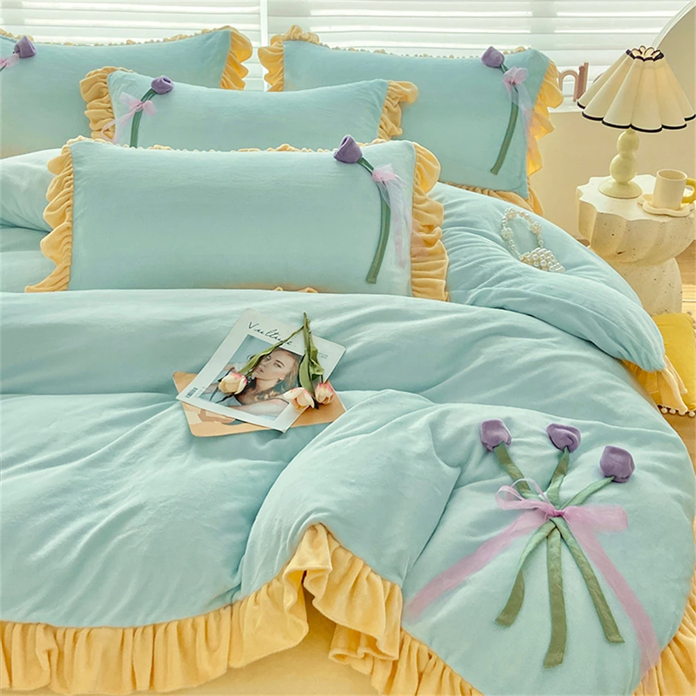 Luxury Princess Milk Velvet Bedding Set Kawaii Bed Skirt Warm Thickened Four-Piece Set Pillowcase Girls Home DecorDuvet Cover