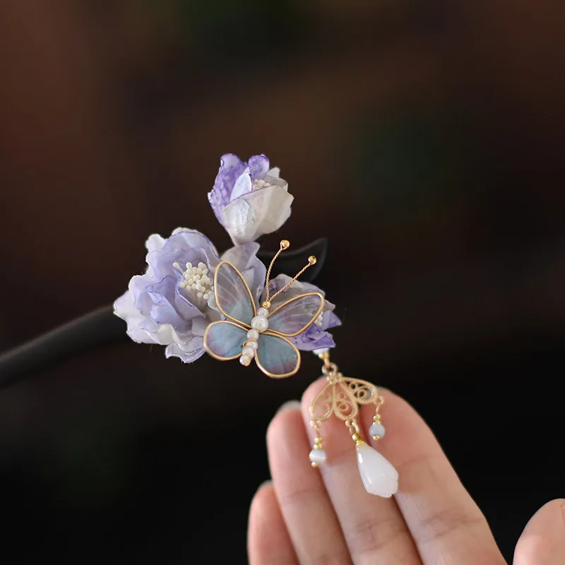 Auspicious Chinese Style Purple Magnolia Flower Tassel Wooden Hair Stick Mesh Butterfly Cheongsam Accessory Traditional Hanfu
