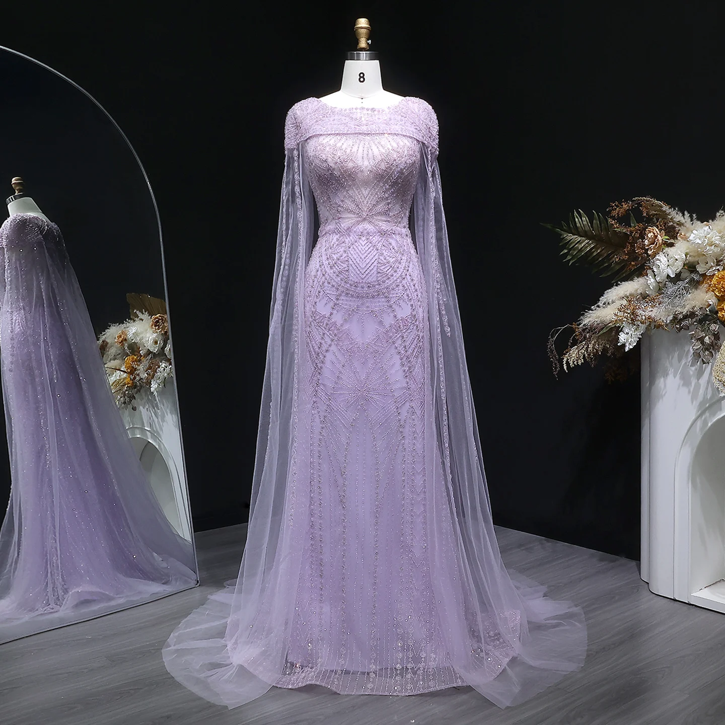 Sharon Said Elegante Fliederfarbene Meerjungfrauen-Abendkleider mit Cape-Ärmeln, Luxuriös Perlenbestickte Arabische Damen-Abendkleider SS019 Maßanfertigung – Detail 4