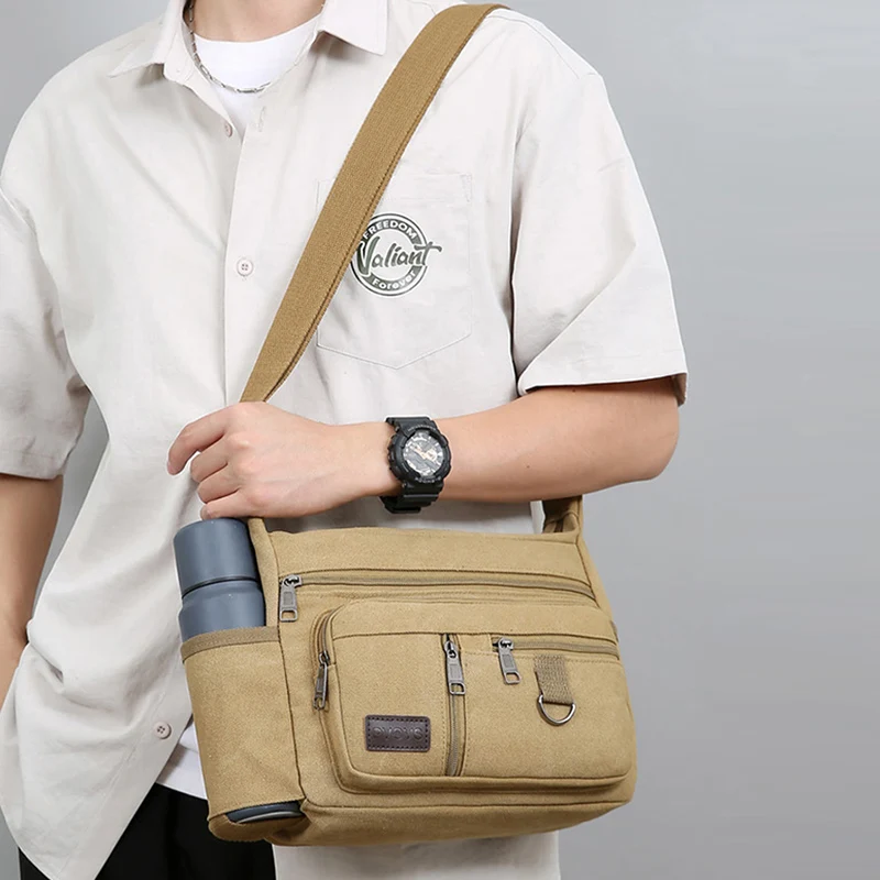 Commuter Shoulder Bag Large Capacity Crossbody Bags Multifunctional Pack with Bottle Pocket Canvas Package Casual Travel Daypack