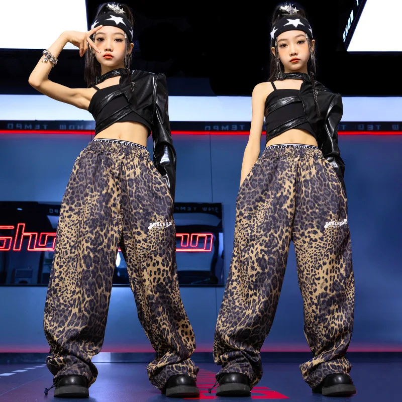 Chidren Summer Girls costume hip hop costume cotton black short sleeve crop shirt A-line pants 2 piece jazz costume set