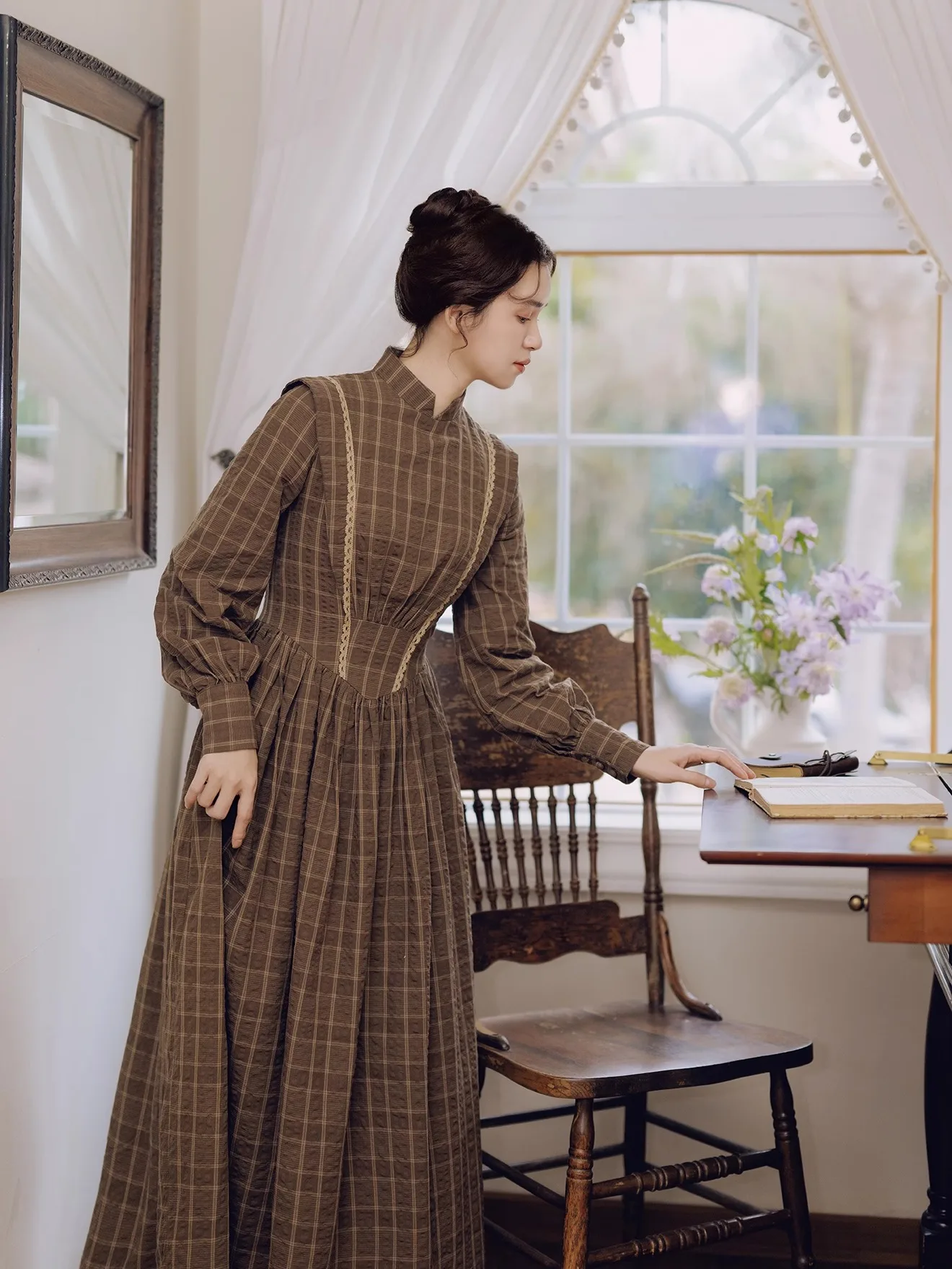 TIYIHAILEY 100% coton Plaid printemps automne femmes robe pleine lanterne manches longue Maxi dames S-XL Vintage taille haute col montant