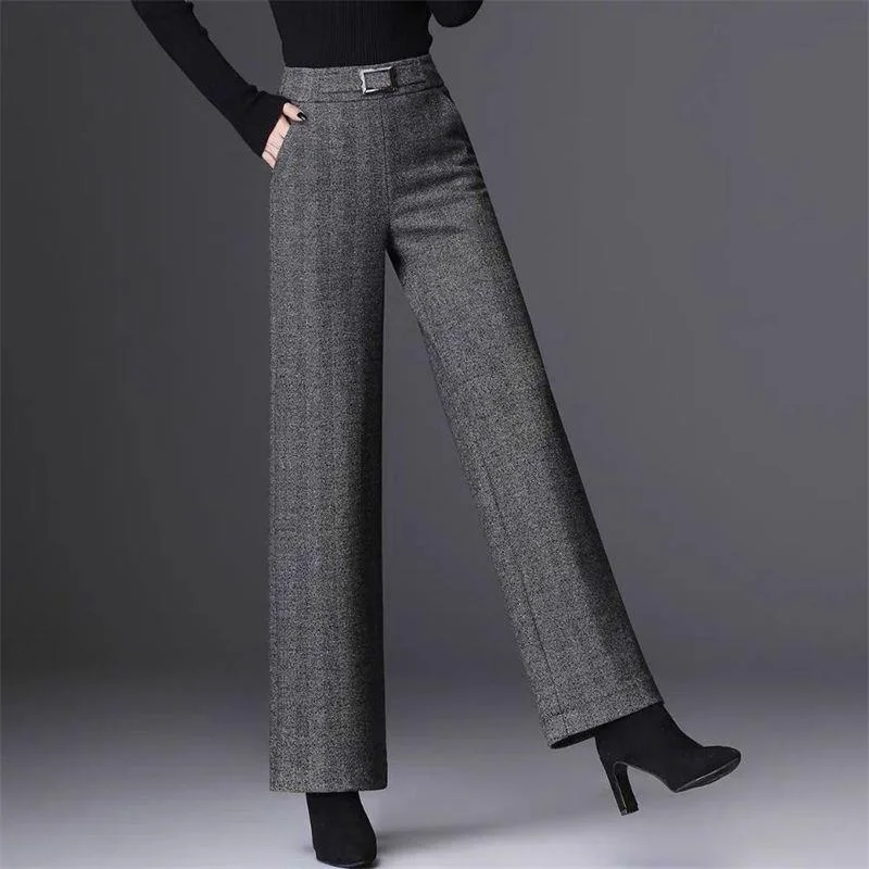Zimowe Nowe Damskie Grube Wełniane Spodnie z Szerokimi Nogawkami, Wysoki Stan, Luźny Krój, Wyszczuplające, Uniwersalne, z Efektem Drapowania, w Jodełkę, Casualowe, Proste Spodnie