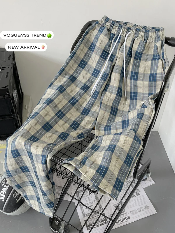 

Летние тонкие повседневные брюки в клетку для мужчин, свободные, с широкими штанинами, модные, брендовые, универсальные, драпирующиеся, прямые, длинные брюки