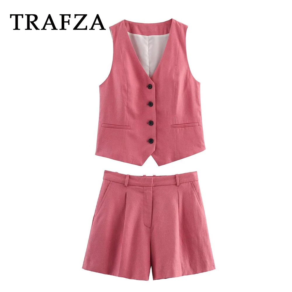 

TRAFZA 2025 Spring Pink Woman Llax Suits Single Breasted Straight Vest+High Waist Zipper Mibi Shorts Fashion Women Sexy Sets