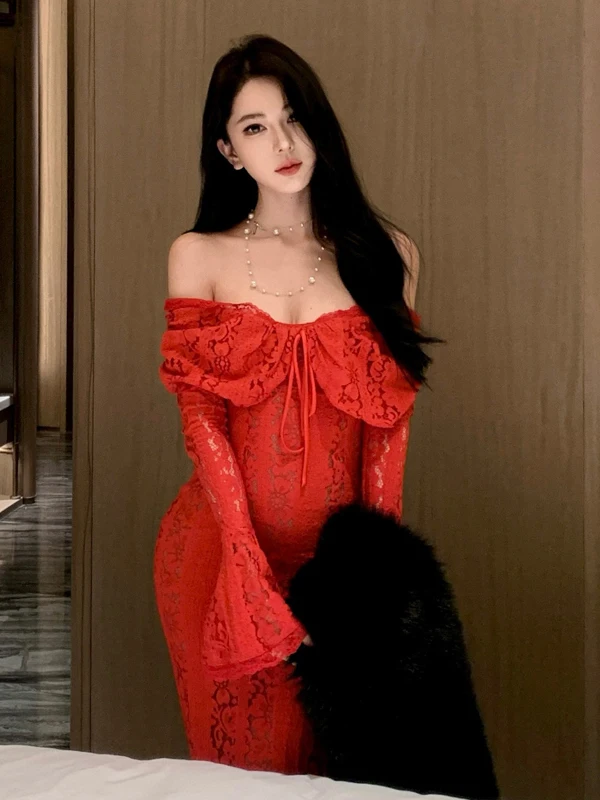 Feminino elegante vestido de noite de renda vermelha crochê recorte fora do ombro bodycon sereia vestido harajuku luxo festa de formatura vestidos robe