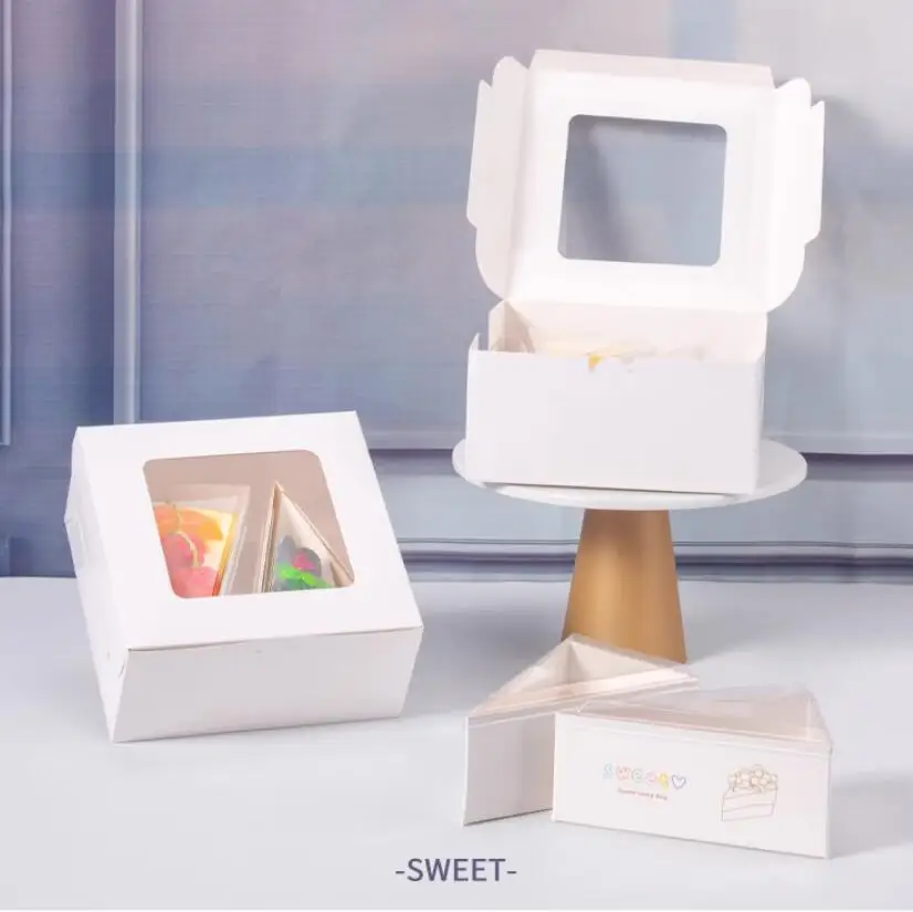 50pcs Triangle Mousse Packing Box Cupcake Paper Packaging Boxes 6/8 inch Transparent Cake Cut Box