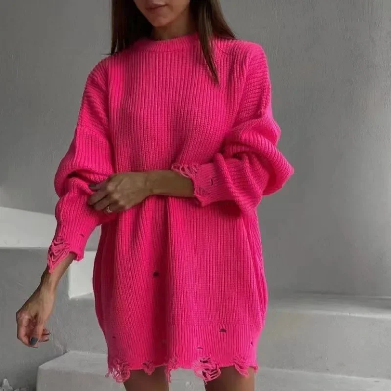 Women's Solid Color Round Neck Long Sleeved Mid Length Ripped Sweater Spring/Autumn 2024