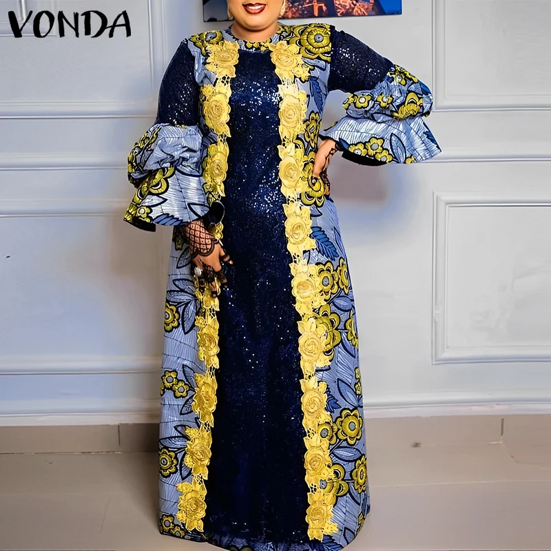 Plus Size VONDA Bohemian Vestidos Women Casual Flared Long Sleeve Maxi Dress Round Neck Loose Print Sundress Ruffles Long Robes image 3